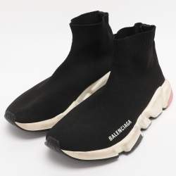 Pre Owned Balenciaga Black Knit Fabric Speed Trainer High Top Sneakers Size 38