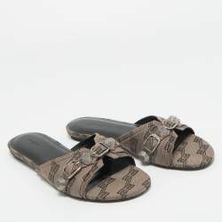 Pre Owned Balenciaga Brown BB Print Canvas Cagole Flat Slides Size 37