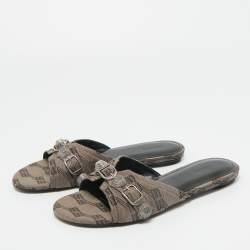 Pre Owned Balenciaga Brown BB Print Canvas Cagole Flat Slides Size 37