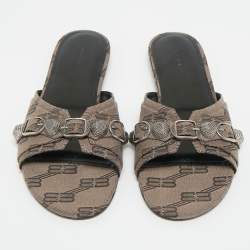 Pre Owned Balenciaga Brown BB Print Canvas Cagole Flat Slides Size 37