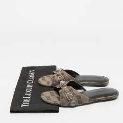 Pre Owned Balenciaga Brown BB Print Canvas Cagole Flat Slides Size 37