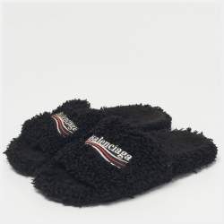 مملوكة مسبقًا Balenciaga Black Shearing Logo Flat Slides Size 37
