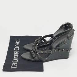 مملوكة مسبقًا Balenciaga Green Leather Arena Studded Strappy Wedge Sandals Size 39