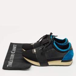 Pre Owned Balenciaga Black/Blue Fabric and Leather Race Runner Low Top Sneakers Size 39
