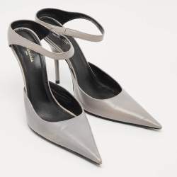 Pre Owned Balenciaga Grey Leather Pointed Toe  Mules Size 37.5