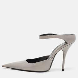 Pre Owned Balenciaga Grey Leather Pointed Toe  Mules Size 37.5