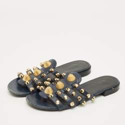 Pre Owned Balenciaga Navy Blue Leather Studded Arena Flat Slides Size 39