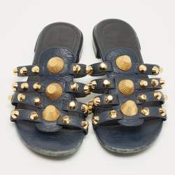 Pre Owned Balenciaga Navy Blue Leather Studded Arena Flat Slides Size 39