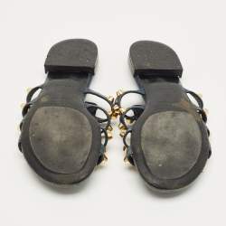 Pre Owned Balenciaga Navy Blue Leather Studded Arena Flat Slides Size 39
