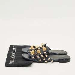 Pre Owned Balenciaga Navy Blue Leather Studded Arena Flat Slides Size 39
