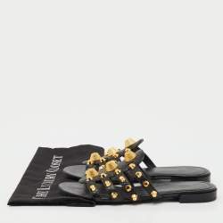 Pre Owned Balenciaga Black Leather Studded Arena Flat Slide Sandals Size 39