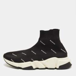 Pre Owned Balenciaga Black/White Knit Fabric Allover Logo Speed Trainer Sneakers Size 37