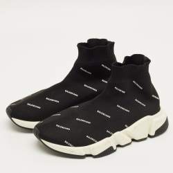 Pre Owned Balenciaga Black/White Knit Fabric Allover Logo Speed Trainer Sneakers Size 37