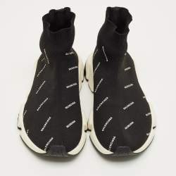 Pre Owned Balenciaga Black/White Knit Fabric Allover Logo Speed Trainer Sneakers Size 37