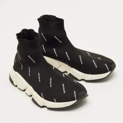 Pre Owned Balenciaga Black/White Knit Fabric Allover Logo Speed Trainer Sneakers Size 37