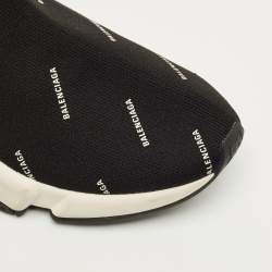 Pre Owned Balenciaga Black/White Knit Fabric Allover Logo Speed Trainer Sneakers Size 37
