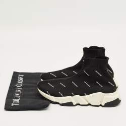 Pre Owned Balenciaga Black/White Knit Fabric Allover Logo Speed Trainer Sneakers Size 37