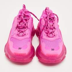 Pre Owned Balenciaga Pink Faux Leather and Mesh Triple S Clear Sole Sneakers Size 37