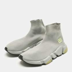 Pre Owned Balenciaga Grey Knit Fabric Speed Trainer High Top Sneakers Size 37