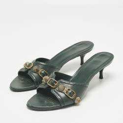 Pre Owned Balenciaga Green Leather Le Cagole Studded Slide Sandals Size 41