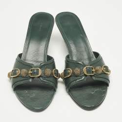 Pre Owned Balenciaga Green Leather Le Cagole Studded Slide Sandals Size 41