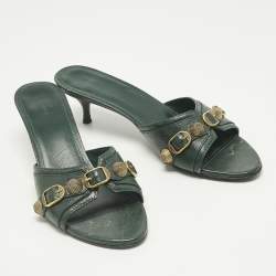 Pre Owned Balenciaga Green Leather Le Cagole Studded Slide Sandals Size 41