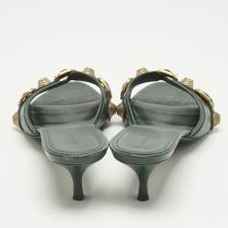 Pre Owned Balenciaga Green Leather Le Cagole Studded Slide Sandals Size 41