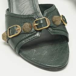 Pre Owned Balenciaga Green Leather Le Cagole Studded Slide Sandals Size 41