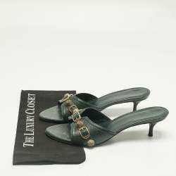 Pre Owned Balenciaga Green Leather Le Cagole Studded Slide Sandals Size 41
