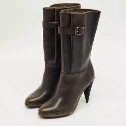 Pre Owned Balenciaga Dark Green Leather Buckle Details Mild Calf Length Boots Size 37.5