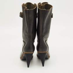 Pre Owned Balenciaga Dark Green Leather Buckle Details Mild Calf Length Boots Size 37.5