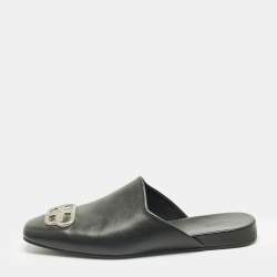 Pre Owned Balenciaga Black Leather Cosy BB Flat Mules Size 41
