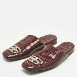 Pre Owned Balenciaga Burgundy Croc Embossed Leather Cosy BB Flats Mules Size 40