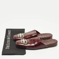 Pre Owned Balenciaga Burgundy Croc Embossed Leather Cosy BB Flats Mules Size 40