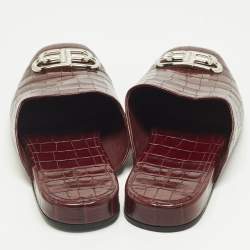Pre Owned Balenciaga Burgundy Croc Embossed Leather Cosy BB Flats Mules Size 40