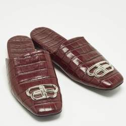 Pre Owned Balenciaga Burgundy Croc Embossed Leather Cosy BB Flats Mules Size 40