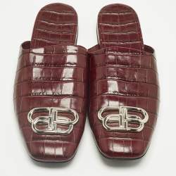 Pre Owned Balenciaga Burgundy Croc Embossed Leather Cosy BB Flats Mules Size 40