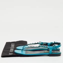 Pre Owned Balenciaga Blue Leather Arena Studded T-Strap Flat Sandals Size 37.5
