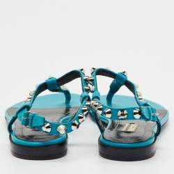 Pre Owned Balenciaga Blue Leather Arena Studded T-Strap Flat Sandals Size 37.5