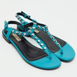 Pre Owned Balenciaga Blue Leather Arena Studded T-Strap Flat Sandals Size 37.5