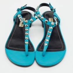 Pre Owned Balenciaga Blue Leather Arena Studded T-Strap Flat Sandals Size 37.5