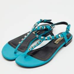 Pre Owned Balenciaga Blue Leather Arena Studded T-Strap Flat Sandals Size 37.5