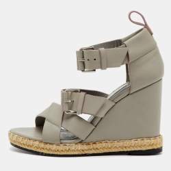 Pre Owned Balenciaga Grey Leather Ankle Strap Espadrille Wedge Sandals Size 35