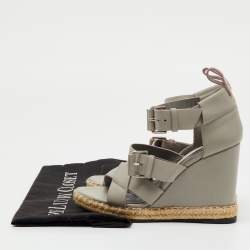 Pre Owned Balenciaga Grey Leather Ankle Strap Espadrille Wedge Sandals Size 35