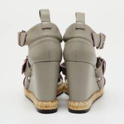 Pre Owned Balenciaga Grey Leather Ankle Strap Espadrille Wedge Sandals Size 35