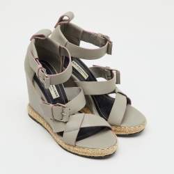 Pre Owned Balenciaga Grey Leather Ankle Strap Espadrille Wedge Sandals Size 35