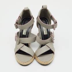 Pre Owned Balenciaga Grey Leather Ankle Strap Espadrille Wedge Sandals Size 35