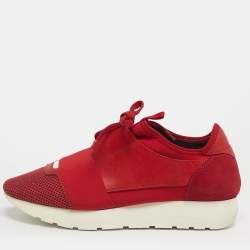 Pre Owned Balenciaga Red Leather and Mesh Race Runner Low Top Sneakers Size 38
