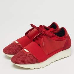 Pre Owned Balenciaga Red Leather and Mesh Race Runner Low Top Sneakers Size 38