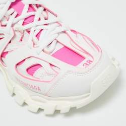 Pre Owned Balenciaga White/Pink Mesh and Faux Leather Track Sneakers Size 38